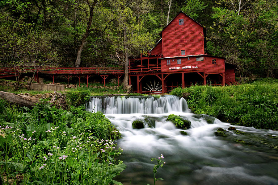 Hodgson Grist Mill with Spring Flowers - Missouri  Photograph by William Rainey