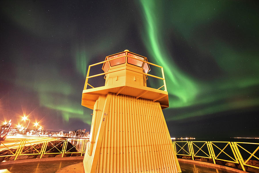 Hofoi lighthouse Northern Lights on the Reykjavik Waterfront Iceland Green Streak Photograph by Toby McGuire