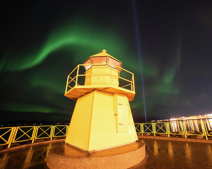 Hofoi lighthouse Northern Lights on the Reykjavik Waterfront Iceland Photograph by Toby McGuire