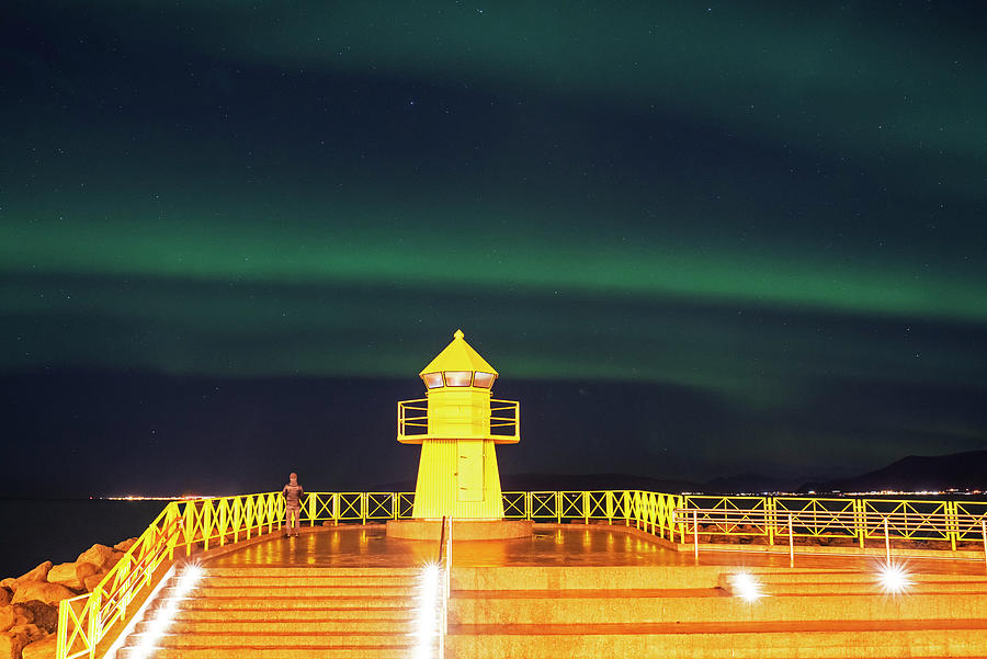Hofoi Yellow Lighthouse Northern Lights on the Reykjavik Waterfront Iceland Photograph by Toby McGuire