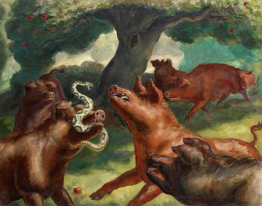Snake Painting - Hogs Killing a Snake by John Steuart Curry