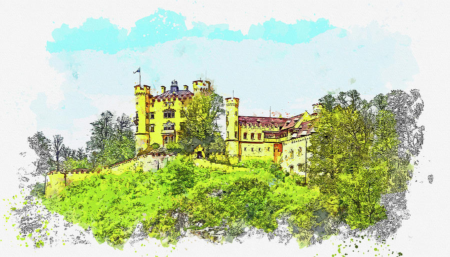 Sunset Painting - Hohenschwangau Castle, watercolor, by Ahmet Asar by Celestial Images