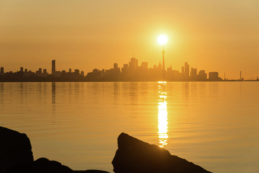 Holding the Sun Up - Golden Timing Sunrise Over Toronto Skyline Photograph by Georgia Mizuleva
