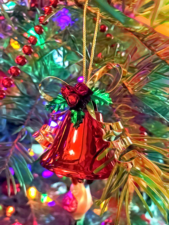 Christmas Photograph - Holiday Bell Decoration On A Colorful Holiday Tree by Her Arts Desire