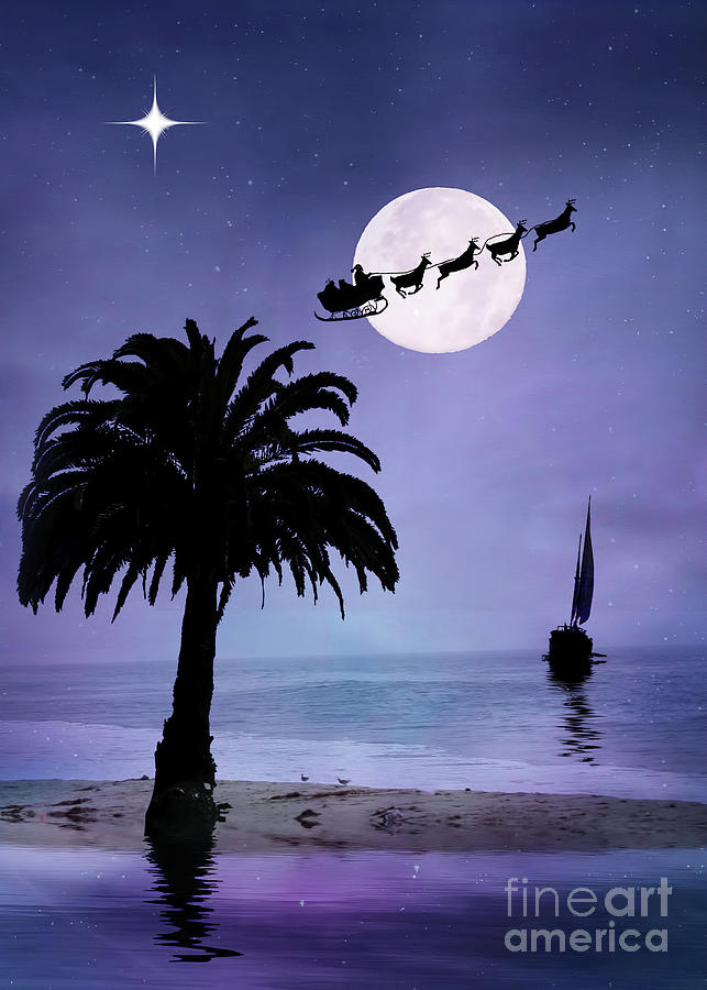 Holiday Coastal Sailing with Sailboat Tropical Island Palm Tree and Santa and Sleigh Photograph by Stephanie Laird