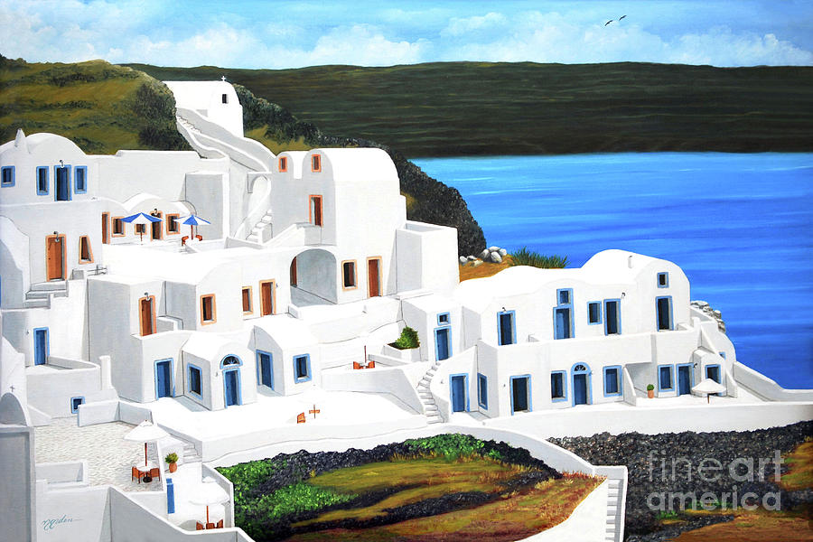 Holiday In Santorini  Painting by Mary Grden