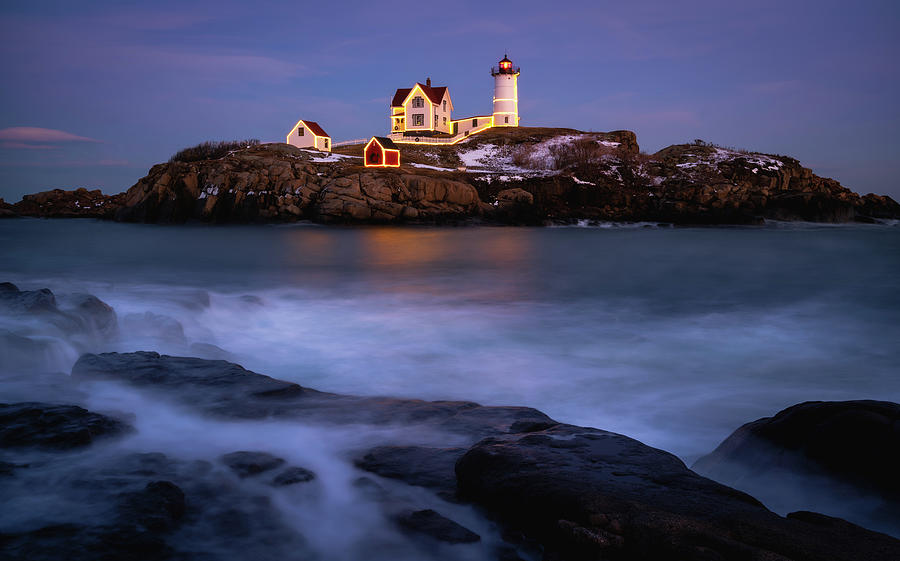Holiday Lights,Nubble Lighthouse Photograph by Michael Hubley