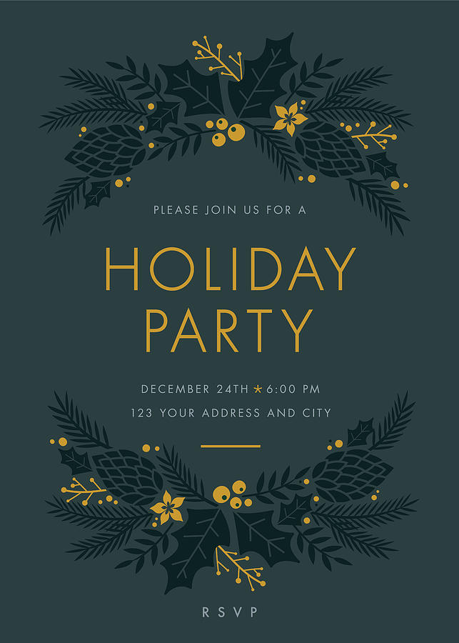 Holiday Party invitation with wreath. Drawing by Discan