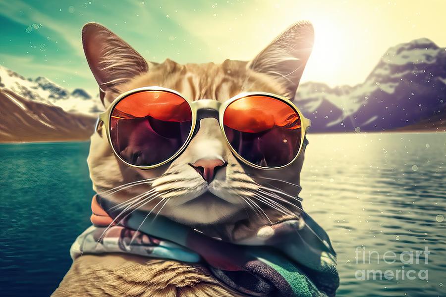 Goggle Painting - Holiday sunglasses fashion c Cute funny goggles pet animal creative fun portrait colours ginger humor kitten closeup cyan look concept vision pretty intelligent style eyeglass fluffy furry felino by N Akkash