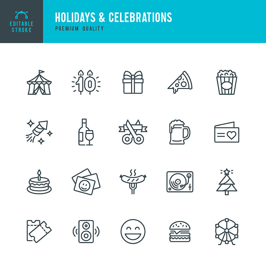 Holidays & Celebrations - vector line icon set. Editable stroke. Pixel perfect. Set contains such icons as Party, Circus, Picnic, Event, Christmas, Fireworks. Drawing by Fonikum