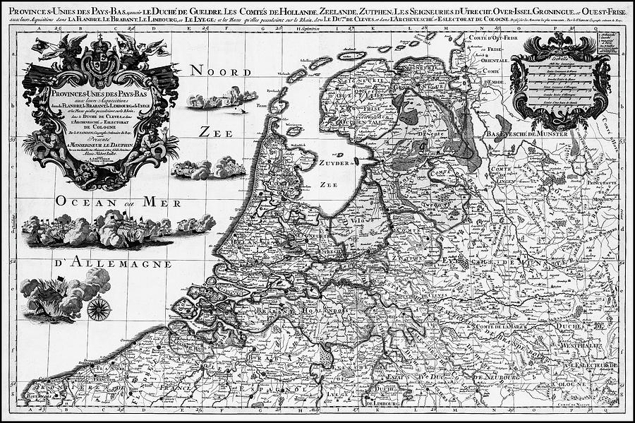 Vintage Photograph - Holland The Netherlands Vintage Historical Map 1730 Black and White by Carol Japp