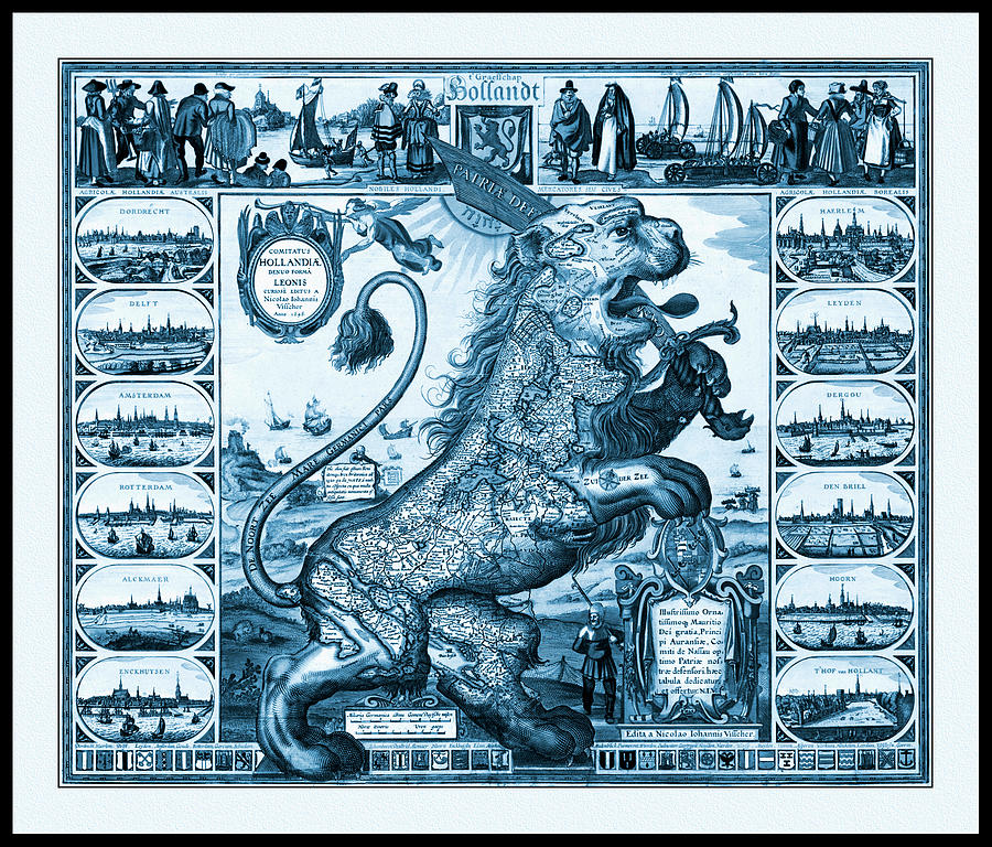 Vintage Photograph - Holland The Netherlands Vintage Lion Map 1648 Blue by Carol Japp