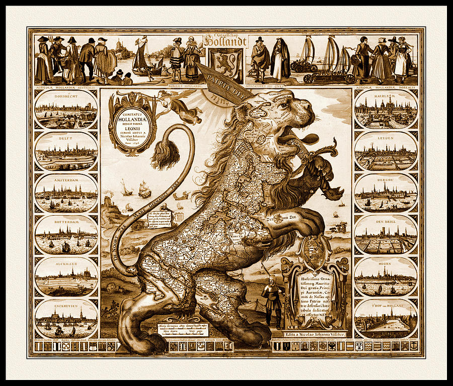Vintage Photograph - Holland The Netherlands Vintage Lion Map 1648 Sepia by Carol Japp