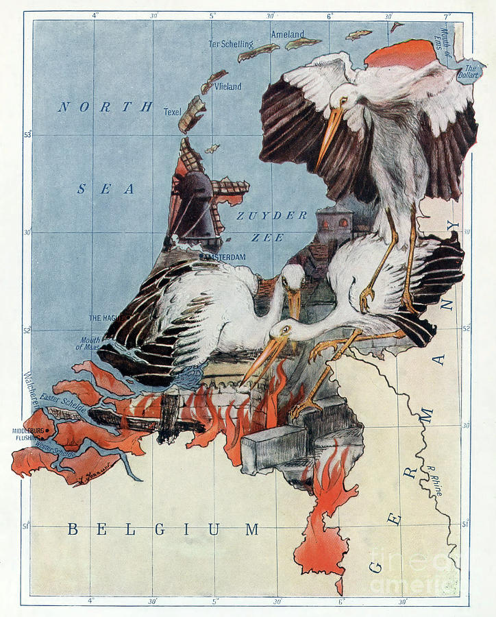 Holland. The Stork-Mother Shelters her Little Ones in the Burning City Drawing by Lilian Tennant Holland. The Stork-Mother Shelters her Little Ones in the Burning City Drawing by Lilian Tennant