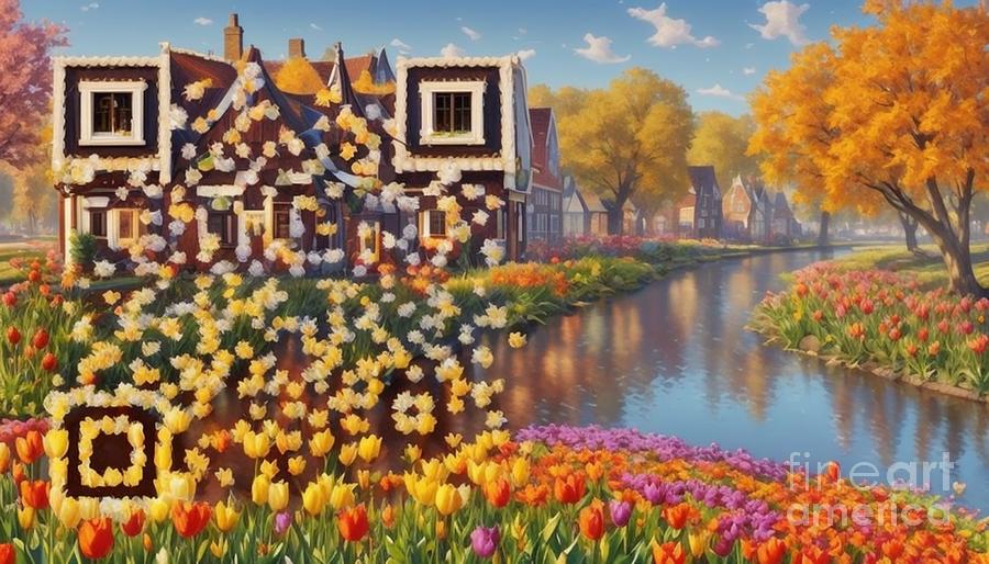 Hollands Beauty Landscape -Tulip Canal Art QR Code Mixed Media by Artvizual Premium