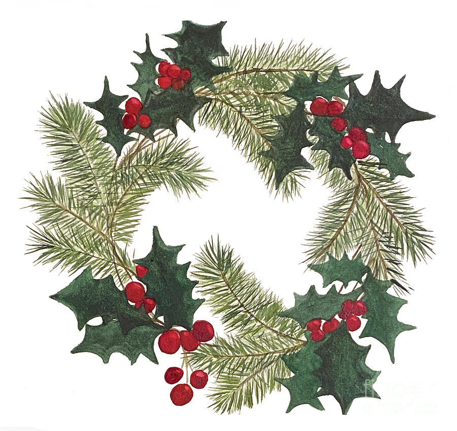 Holly and Pine Wreath Painting by Lisa Neuman