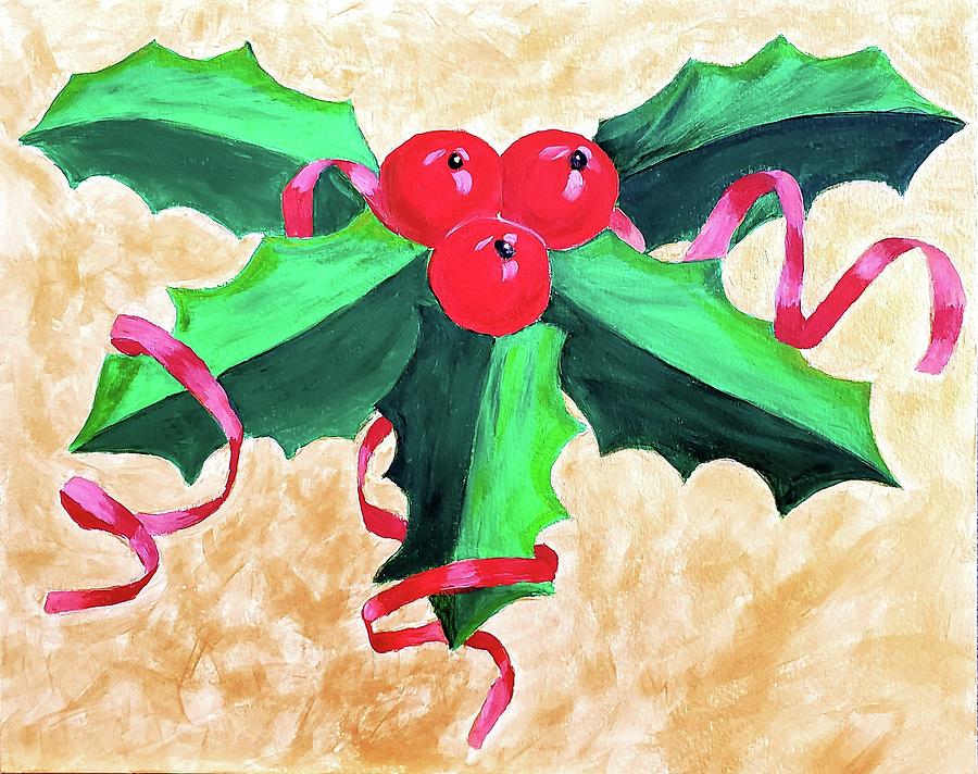 Holly and Ribbon Painting by Gail Friedman
