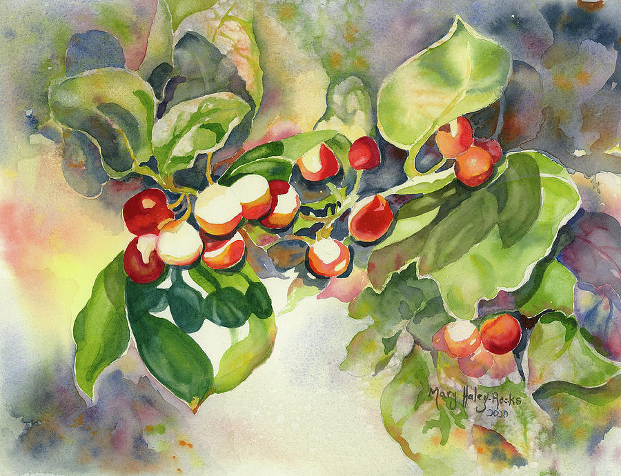 Holly Berries Painting by Mary Haley-Rocks