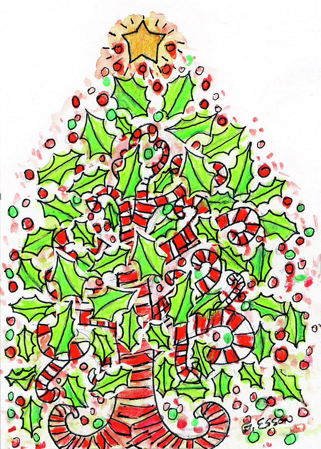 Holly Christmas Tree With Candy Canes Painting by Genevieve Esson