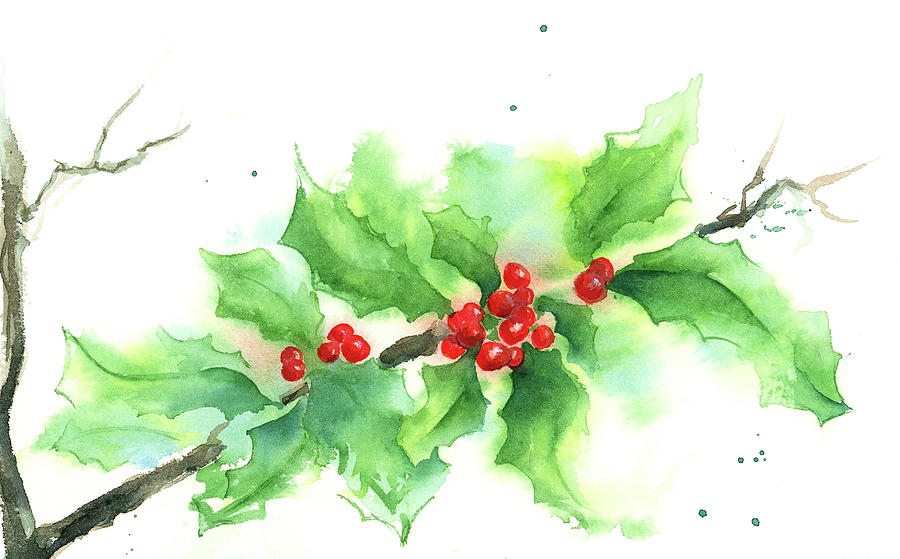 Winter Painting - Holly twig with red berries by Karen Kaspar