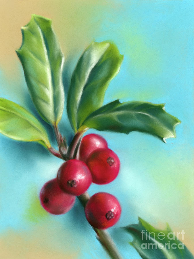 Nature Painting - Holly with Five Red Berries by MM Anderson
