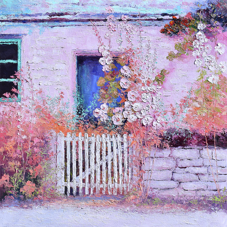 Hollyhocks and a Blue Door - cottage garden painting Painting by Jan Matson