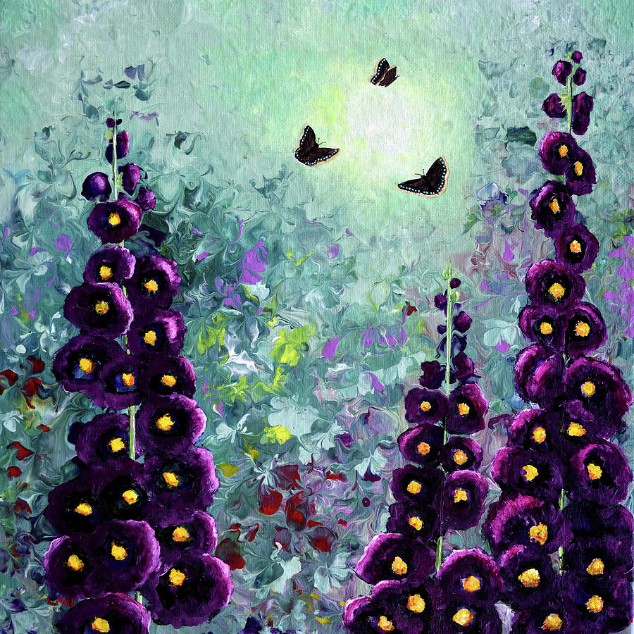 Hollyhocks and Butterflies Painting by Laura Iverson