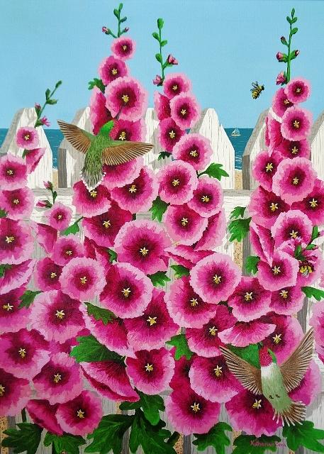 Hollyhocks and Humming Birds Painting by Katherine Young-Beck