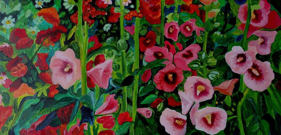 Flower Painting - Hollyhocks Remembering Grannys Garden by Julie Brugh Riffey