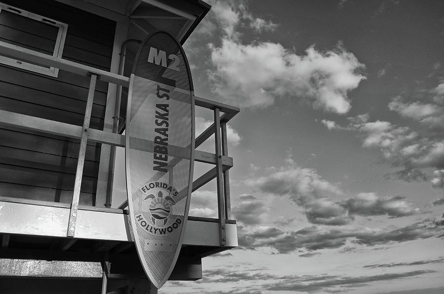 Hollywood Beach Fort Lauderdale Florida Lifeguard Tower and Sky Black and White Photograph by Shawn OBrien