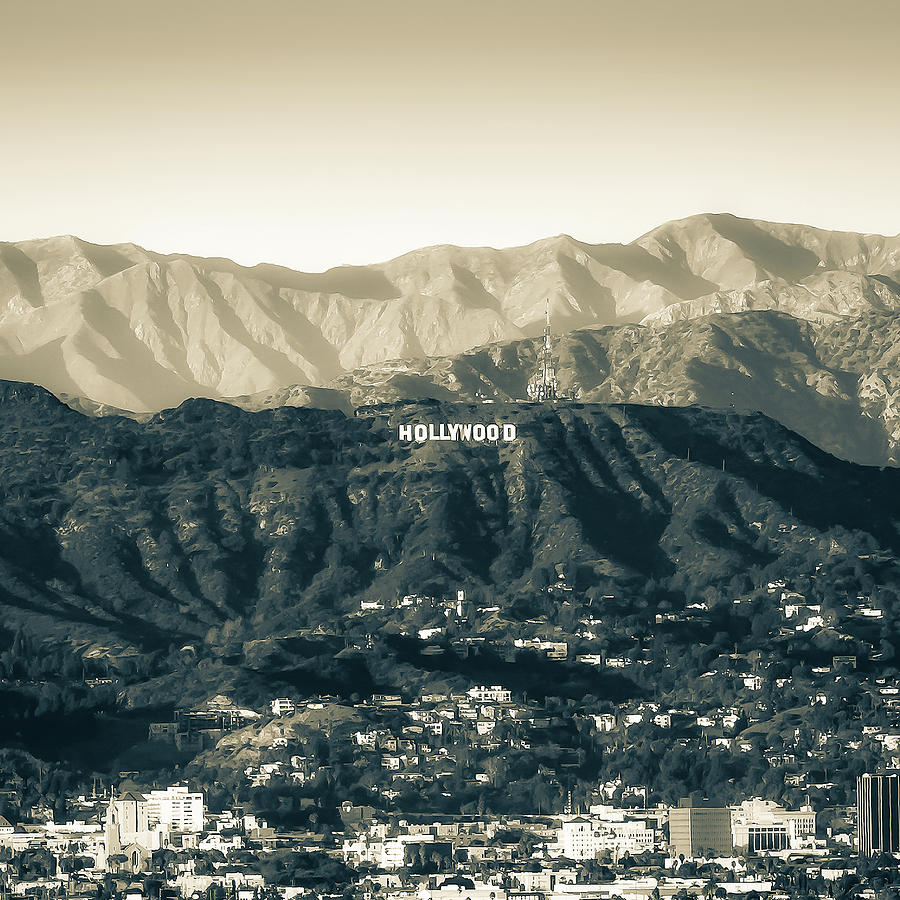 Hollywood Hills California And Santa Monica Mountain Landscape - Sepia 1x1 Photograph by Gregory Ballos