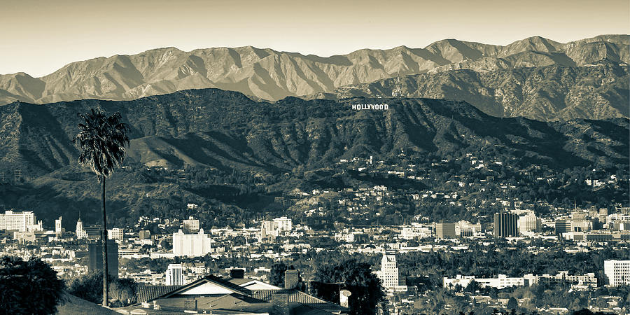 City Of Angels Photograph - Hollywood Hills California Sepia Panorama by Gregory Ballos