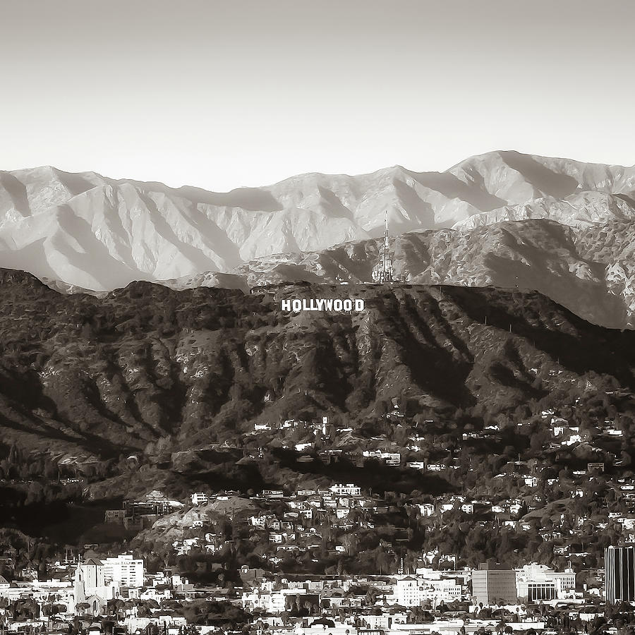 Hollywood Hills On The Santa Monica Mountains - Sepia Square Format Photograph by Gregory Ballos