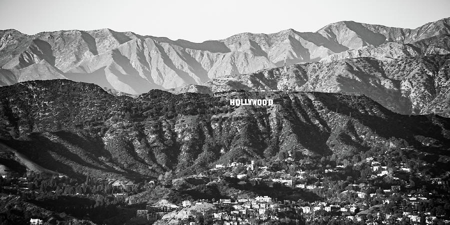 Black And White Photograph - Hollywood Hills Sign Panoramic Black and White Mountain Landscape by Gregory Ballos