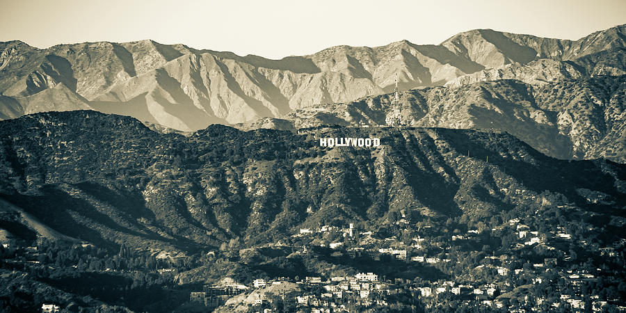 Hollywood Hills Sign Panoramic Sepia Mountain Landscape Photograph by Gregory Ballos