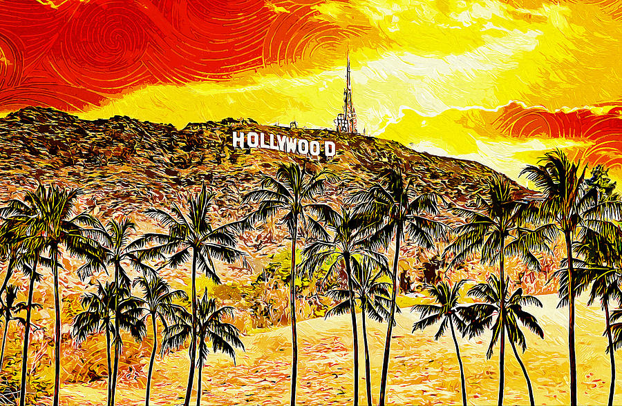 Hollywood Sign and palm trees in the sunrise light - impressionist painting Digital Art by Nicko Prints