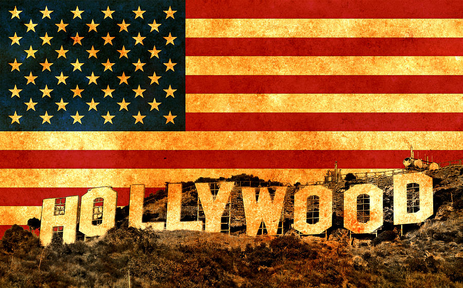 Hollywood sign blended with the American flag and printed on old paper texture Digital Art by Nicko Prints