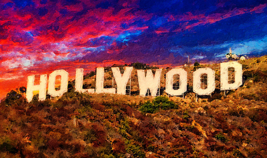 Hollywood sign in the sunset light with a dramatic sky - digital painting Digital Art by Nicko Prints