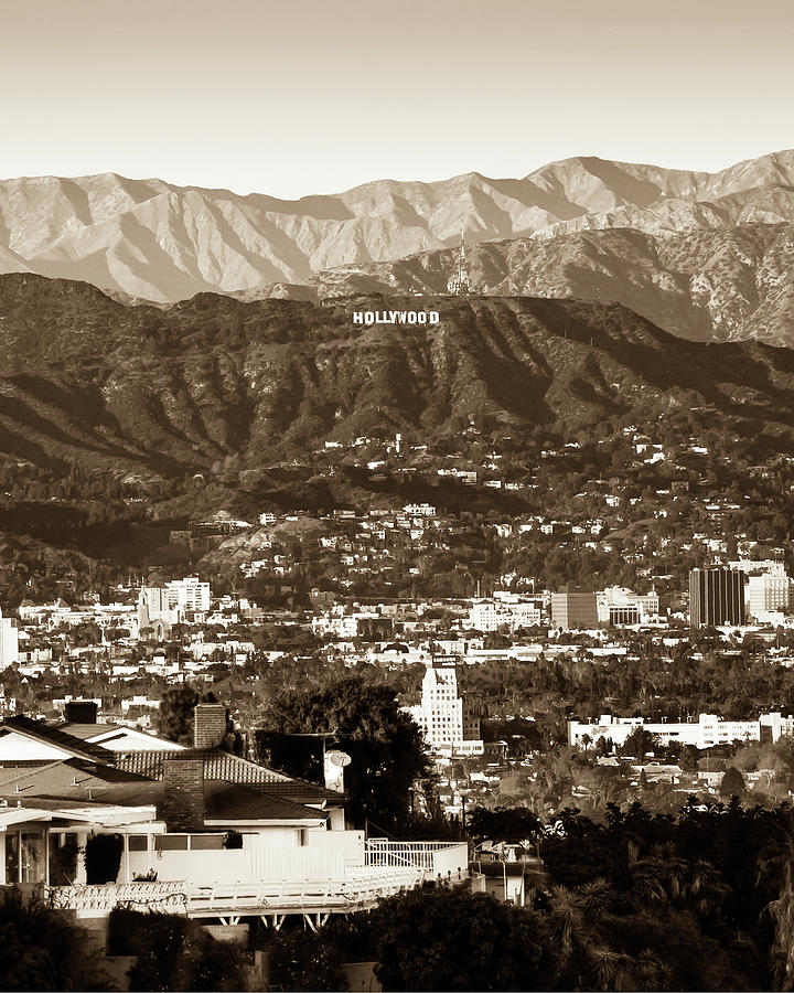 Los Angeles Photograph - Hollywood Sign On The Santa Monica Mountains - Sepia Edition by Gregory Ballos
