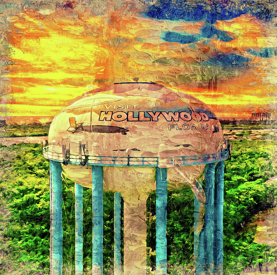 Hollywood water tower at sunset - digital painting Digital Art by Nicko Prints