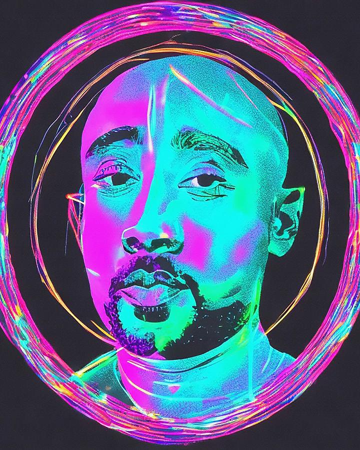 Hologram Of Tupac Floating In Space A Vibrant Digital Illustration