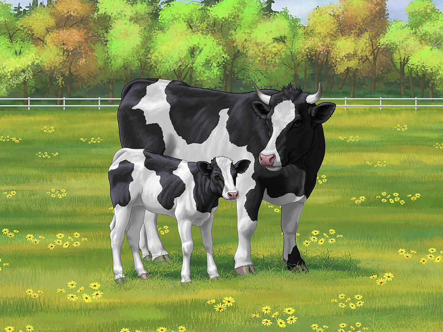 Cow Painting - Holstein Cow and Cute Calf in Summer Pasture by Crista Forest