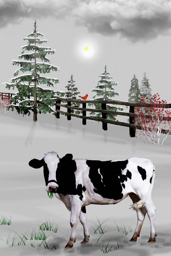 Holstein Cow Found Grass in the Snow Mixed Media by David Dehner