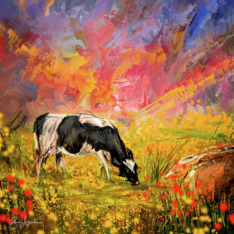 Holstein-Friesian Grazing - Black and White Cows Artwork Painting by Lourry Legarde