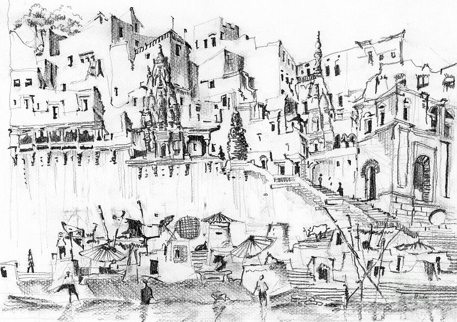 Holy Banks of River Ganges Drawing by Aparna Pottabathni