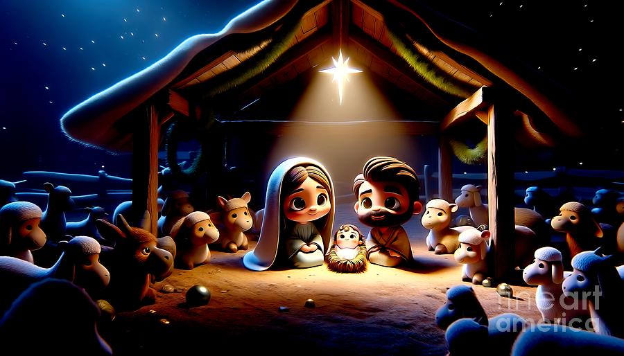 Holy Family Christmas Nativity Creche Liquid Color Effect Digital Art by Rose Santuci-Sofranko