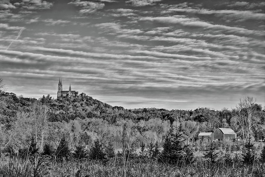 Holy Hill Above The Farm BW Photograph by Dale Kauzlaric
