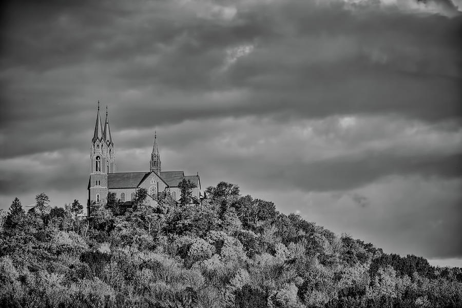 Holy Hill Under Fall Clouds BW Photograph by Dale Kauzlaric