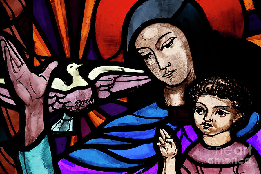 Holy Spirit, Virgin Mary and Christ child Stained glass Window Glass Art by French School