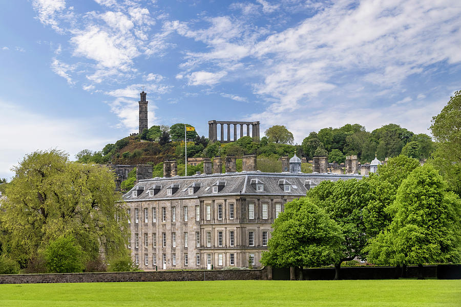Architecture Photograph - Holyrood Palace with Nelson Monument and National Monument of Scotland by Melanie Viola